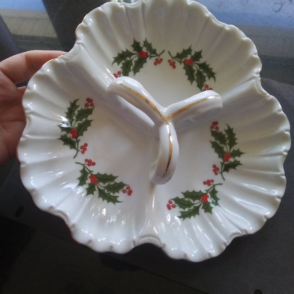 Porcelain three section Relish candy Christmas dish Holly Gold Trim - Picture 7 of 15